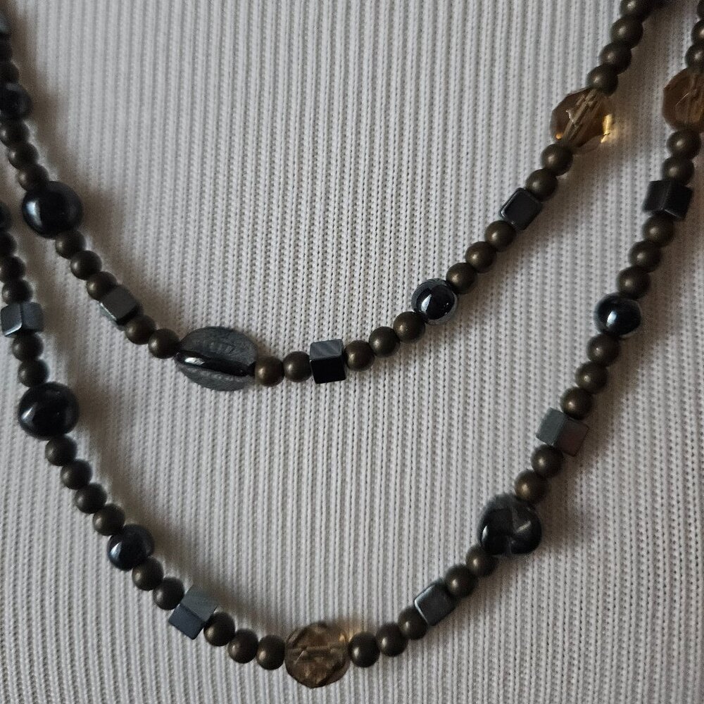 Vintage Long Onyx and Amber Bead Necklace